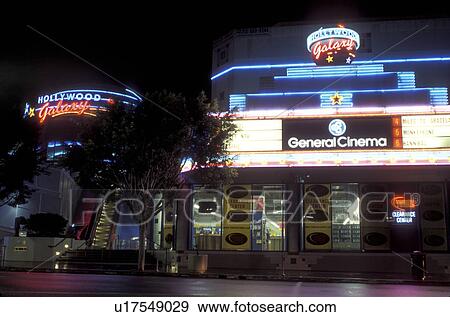 Stock Photo -  Hollywood, California, CA, Los Angeles, Hollywood Entertainment Museum illuminated at night in Hollywood.. Fotosearch