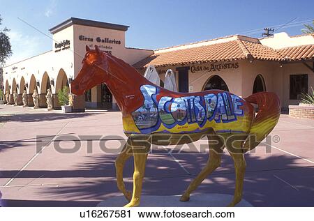 Stock Image -  horse, Scottsdale, Arizona, AZ, Horse statue Welcome to Scottsdale at Main Street Arts District in downtown Scottsdale.. Fotosearch