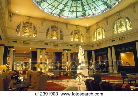 Stock Image -  hotel, Richmond, Virginia, VA, Statue of Thomas Jefferson inside the lobby of The Jefferson Hotel in Richmond.. Fotosearch