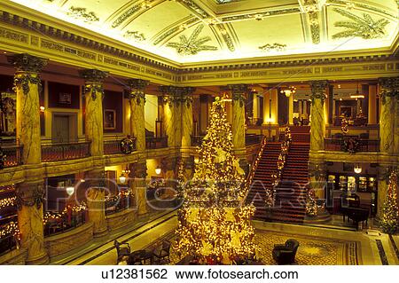Stock Image -  hotel, Richmond, Virginia, VA, Christmas decorations inside The Jefferson Hotel in Richmond.. Fotosearch