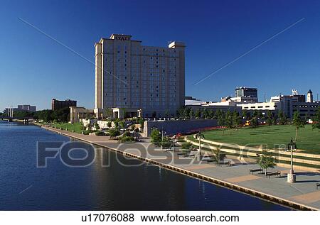 hotel, Wichita, KS, Kansas, View of the Hyatt Regency Hotel in downtown Wichita along the Big Arkansas River. View Large Photo Image Stock Photo - hotel, Wichita, KS, Kansas, View of the Hyatt Regency Hotel in downtown Wichita along the Big Arkansas River.. Fotosearch