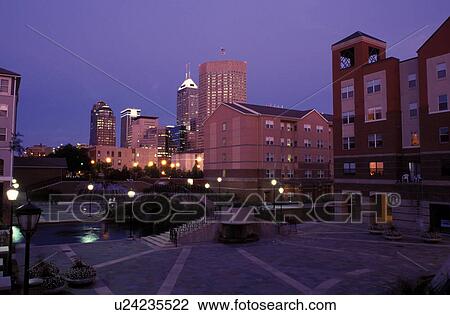Indianapolis, skyline, IN, Indiana, Downtown skyline of Indianapolis from Historic Central Canal in the evening. View Large Photo Image Stock Image - Indianapolis, skyline, IN, Indiana, Downtown skyline of Indianapolis from Historic Central Canal in the evening.. Fotosearch