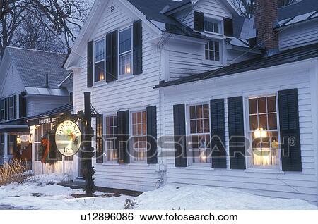 Inn, B&B, hotel, snow, decorations, winter, holiday, The Dovetail Inn in Dorset is decorated for Christmas in the evening in winter in Bennington County in the state of Vermont. View Large Photo Image Stock Photograph - Inn, B&B, hotel, snow, decorations, winter, holiday, The Dovetail Inn in Dorset is decorated for Christmas in the evening in winter in Bennington County in the state of Vermont. . Fotosearch