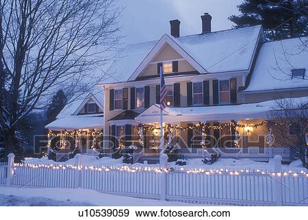 Inn, country inn, resort, Hotel, B&B, Christmas, holiday, decorations, snow, winter, The snow covered Jackson House Inn (a Country Inn) is decorated with lights for the Christmas holiday season at night in West Woodstock in Windsor County in the state of View Large Photo Image Stock Photo - Inn, country inn, resort, Hotel, B&B, Christmas, holiday, decorations, snow, winter, The snow covered Jackson House Inn (a Country Inn) is decorated with lights for the Christmas holiday season at night in West Woodstock in Windsor County in the state of. Fotosearch