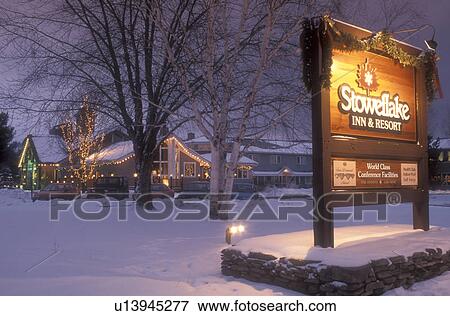inn, country inn, resort, lodge, holiday, decorations, Stowe, snow, evening, Christmas, winter, Vermont, The Stoweflake Inn & Resort (a Country Inn) is decorated for the Christmas holiday season on a snow covered night in Stowe in Lamoille County in the View Large Photo Image Stock Photo - inn, country inn, resort, lodge, holiday, decorations, Stowe, snow, evening, Christmas, winter, Vermont, The Stoweflake Inn & Resort (a Country Inn) is decorated for the Christmas holiday season on a snow covered night in Stowe in Lamoille County in the . Fotosearch