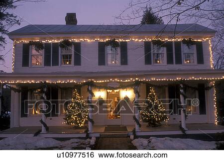 inn, decorations, B&B, holiday, Christmas, winter, snow, vacation, village, evening, Vermont, Chester House Inn is beautifully decorated for the Christmas holiday season at night in the town of Chester in Windsor County in the state of Vermont. View Large Photo Image Stock Photograph - inn, decorations, B&B, holiday, Christmas, winter, snow, vacation, village, evening, Vermont, Chester House Inn is beautifully decorated for the Christmas holiday season at night in the town of Chester in Windsor County in the state of Vermont. . Fotosearch