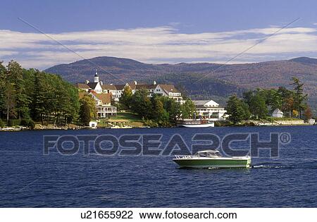 Stock Image -  inn, lodging, Adirondacks, Lake George, Bolton Landing, New York, NY, The Sagamore Resort at Bolton Landing on Lake George in the autumn.. Fotosearch