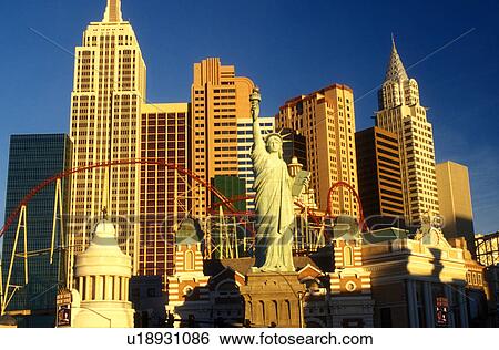 Stock Photograph -  Las Vegas, casino, Nevada, NV, New York-New York, The Strip, Replica of the Statue of Liberty, Empire State Building and other landmarks at New-York New-York Hotel & Casino on The Strip in Las Vegas, the Entertainment Capital of the World.. Fotosearch