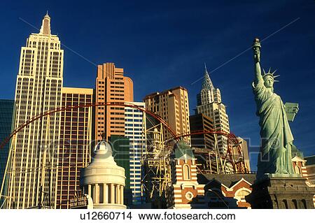 Picture -  Las Vegas, NV, New York-New York, casino, Nevada, The Strip, Replica of the Statue of Liberty, Empire State Building and other landmarks at New-York New-York Hotel & Casino on The Strip in Las Vegas, the Entertainment Capital of the World.. Fotosearch