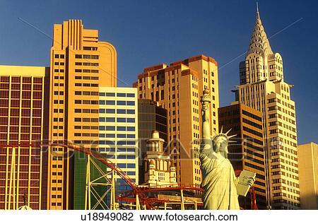 Stock Image -  Las Vegas, NV, New York-New York, casino, Nevada, The Strip, Replica of the Statue of Liberty, Empire State Building and other landmarks at New-York New-York Hotel & Casino on The Strip in Las Vegas, the Entertainment Capital of the World.. Fotosearch