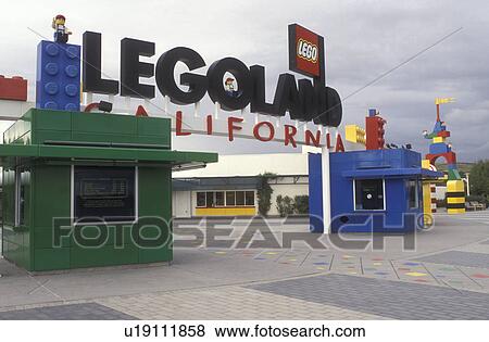 Stock Photo -  Legoland, LEGOS, Carlsbad, California, CA, Ticket Booths made of large colorful Legos at the Entrance to Legoland California in Carlsbad.. Fotosearch