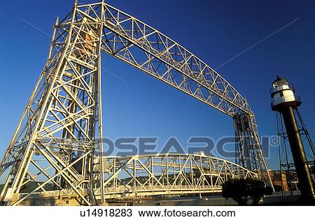 Stock Image -  lift bridge, Duluth, MN, Minnesota, Aerial Lift Bridge, 386 feet long, at Canal Park in Duluth.. Fotosearch