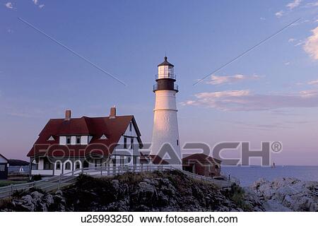 lighthouse, Cape Elizabeth, Maine, ME, Portland Head Light on Cape Elizabeth at sunset in Fort Williams Park on the Atlantic Ocean. View Large Photo Image Stock Image - lighthouse, Cape Elizabeth, Maine, ME, Portland Head Light on Cape Elizabeth at sunset in Fort Williams Park on the Atlantic Ocean. . Fotosearch