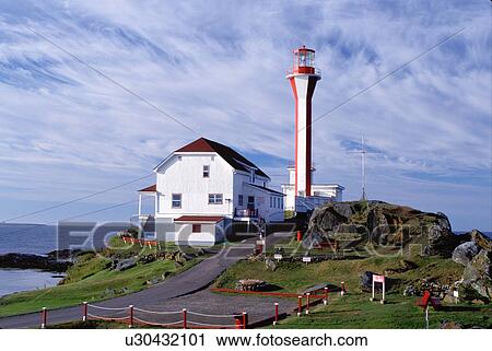 Stock Image -  lighthouse, light, Nova Scotia, Yarmouth, NS, Canada, Cape Forchu Lighthouse along the coast in Yarmouth on the Atlantic Ocean. . Fotosearch