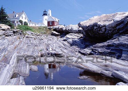 lighthouse, Maine, ME, Pemaquid Point, Bristol, Pemaquid Head Light reflects in a pool of water along the rocky coast of the Atlantic Ocean. View Large Photo Image Picture - lighthouse, Maine, ME, Pemaquid Point, Bristol, Pemaquid Head Light reflects in a pool of water along the rocky coast of the Atlantic Ocean.. Fotosearch