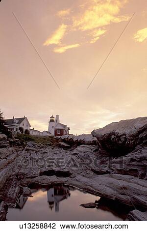 lighthouse, Maine, sunrise, sunset, Pemaquid Point, Bristol, ME, Pemaquid Head Light reflects in a pool of water at sunrise along the rocky coast of the Atlantic Ocean. View Large Photo Image Stock Image - lighthouse, Maine, sunrise, sunset, Pemaquid Point, Bristol, ME, Pemaquid Head Light reflects in a pool of water at sunrise along the rocky coast of the Atlantic Ocean.. Fotosearch