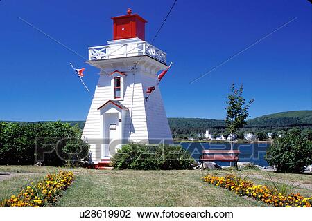Stock Image -  lighthouse, Nova Scotia, Annapolis Royal, NS, Canada, Historic lighthouse in a park along the Annapolis River in Annapolis Royal.. Fotosearch