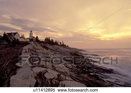 lighthouse, sunrise, sunset, Maine, Pemaquid Point, Bristol, ME, Pemaquid Head Light at sunrise along the rocky coastline of the Atlantic Ocean. View Large Photo Image Stock Photography - lighthouse, sunrise, sunset, Maine, Pemaquid Point, Bristol, ME, Pemaquid Head Light at sunrise along the rocky coastline of the Atlantic Ocean.. Fotosearch