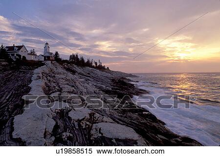 lighthouse, sunrise, sunset, Maine, Pemaquid Point, Bristol, ME, Pemaquid Head Light at sunrise along the rocky coastline of the Atlantic Ocean. View Large Photo Image Stock Photography - lighthouse, sunrise, sunset, Maine, Pemaquid Point, Bristol, ME, Pemaquid Head Light at sunrise along the rocky coastline of the Atlantic Ocean.. Fotosearch