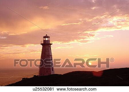 lighthouse, sunrise, sunset, Newfoundland, NF, Canada, Lighthouse at Cape Spear National Historic Site, Easternmost Point of North America at sunrise on the Atlantic Ocean. View Large Photo Image Stock Image - lighthouse, sunrise, sunset, Newfoundland, NF, Canada, Lighthouse at Cape Spear National Historic Site, Easternmost Point of North America at sunrise on the Atlantic Ocean.. Fotosearch
