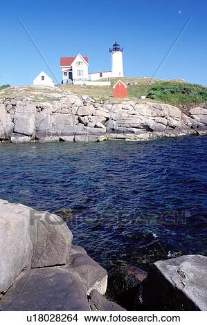 Picture -  lighthouse, York, Maine, ME, York Harbor, Cape Neddick Light, Nubble Lighthouse, on the rocky coast on the Atlantic Ocean. . Fotosearch