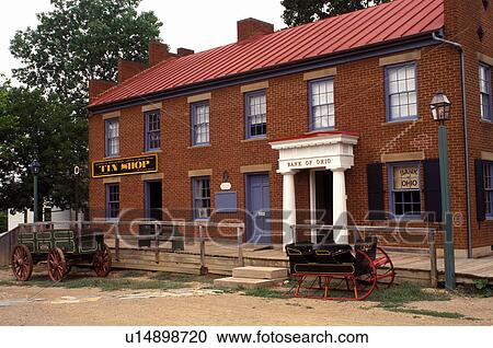 Stock Image -  living history museum, Columbus, OH, Ohio, bank, Ohio Village, a 19th Century Village. Ohio Historical Society.. Fotosearch