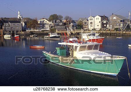 Stock Photo -  lobster boats, Rockport, Massachusetts, MA, Fishing boats docked in Rockport Harbor in the fishing community of Rockport in the fall.. Fotosearch