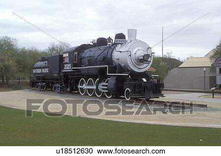 Stock Image -  locomotive, train, Yuma, Arizona, AZ, Steam locomotive displayed at Yuma Crossing State Historic Park in Yuma.. Fotosearch