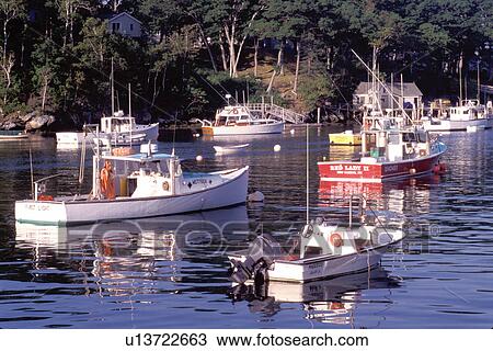 Stock Image -  Maine, ME, New Harbor, Pemaquid, Fishing boats in New Harbor. . Fotosearch