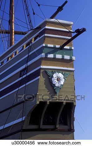 Stock Photograph -  Mayflower, Plymouth, Massachusetts, MA, The Mayflower II moored at State Pier on Plymouth Harbor in Plymouth.. Fotosearch