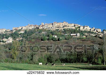 Stock Image -  Midi-Pyrenees, France, the Dordogne, Quercy, Tarn, Cordes-sur-Ciel, Europe, Scenic view of the medieval hilltop village of Cordes-sur-Ciel.. Fotosearch
