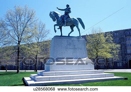 Stock Photo -  military academy, West Point, New York, United States Military Academy, Equestrian Statue of George Washington on the campus of the US Military Academy at West Point in the spring.. Fotosearch