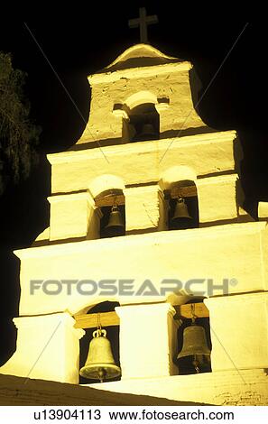 Stock Image -  mission, church, San Diego, California, CA, Mission Basilica San Diego De Alcala in the evening, the first California Mission, ca. 1769 in San Diego.. Fotosearch