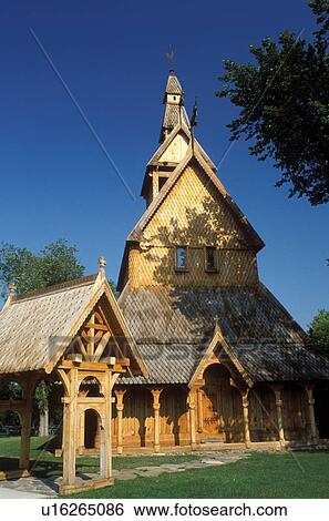 Stock Photograph -  MN, Minnesota, Moorhead, Stave Church at the Heritage Hjemkomst Interpretive Center. Fotosearch