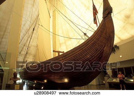 Stock Photo -  MN, Minnesota, Moorhead, Viking Ship displayed inside the Heritage Hjemkomst Interpretive Center. Fotosearch
