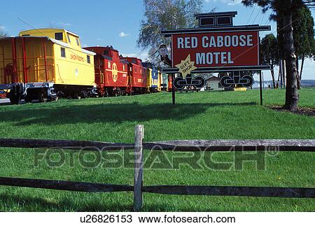 Stock Image -  motel, hotel, caboose, Strasburg, Lancaster County, Pennsylvania Dutch Country, Amish Country, Pennsylvania, The Red Caboose Motel in Strasburg.. Fotosearch