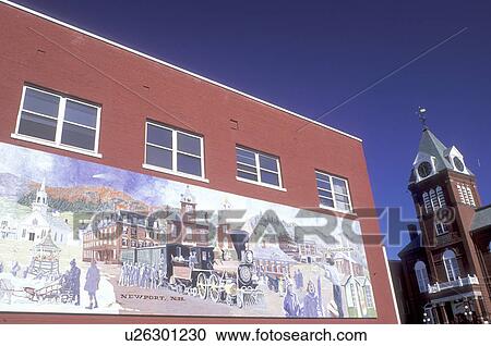 Stock Image -  mural, Newport, NH, New Hampshire, Wall mural on a building and Town Hall in downtown Newport in the autumn.. Fotosearch