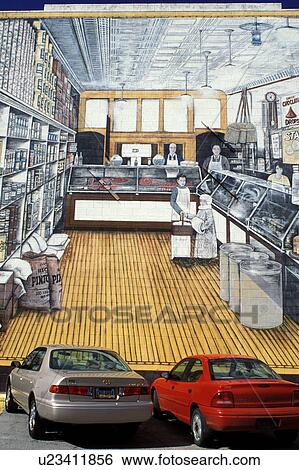 Stock Photograph -  mural, OH, Ohio, Steubenville, A wall mural depicting historical scenes is part of Steubenville's City of Murals.. Fotosearch