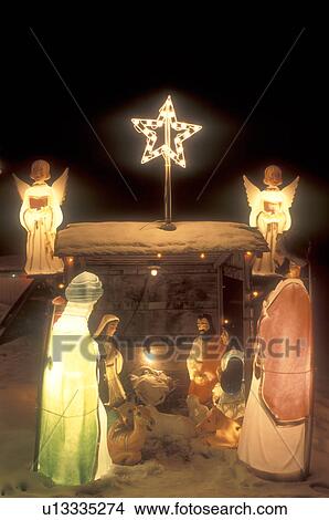 nativity scene, Christmas Postcard, creche, decoration, holiday, outdoor, snow, winter, A Nativity scene is illuminated at night at a home in Richmond for the Christmas holiday season in Chittenden County in the state of Vermont. View Large Photo Image Picture - nativity scene, Christmas Postcard, creche, decoration, holiday, outdoor, snow, winter, A Nativity scene is illuminated at night at a home in Richmond for the Christmas holiday season in Chittenden County in the state of Vermont.. Fotosearch