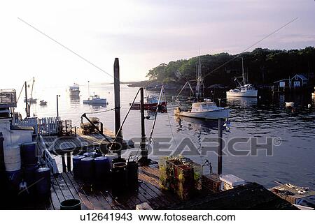New Harbor, Maine, ME, Pemaquid, Fishing boats, dock, lobster traps early morning in the harbor. View Large Photo Image Stock Image - New Harbor, Maine, ME, Pemaquid, Fishing boats, dock, lobster traps early morning in the harbor. . Fotosearch