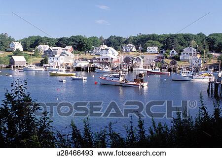 Stock Image -  New Harbor, Maine, ME, Pemaquid, Fishing boats in the harbor. . Fotosearch