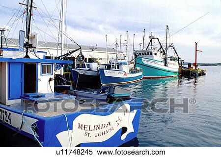 Newfoundland, NF, Canada, Fishing boats docked at the pier at St. Lunaire a fishing village on the Gulf of St. Lawrence View Large Photo Image Stock Photography - Newfoundland, NF, Canada, Fishing boats docked at the pier at St. Lunaire a fishing village on the Gulf of St. Lawrence . Fotosearch
