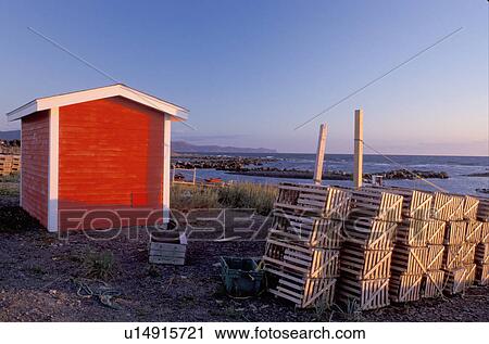 Stock Image -  Newfoundland, NF, Canada, Red shed and lobster traps at Green Point on the Gulf of St. Lawrence. Gros Morne National Park. . Fotosearch