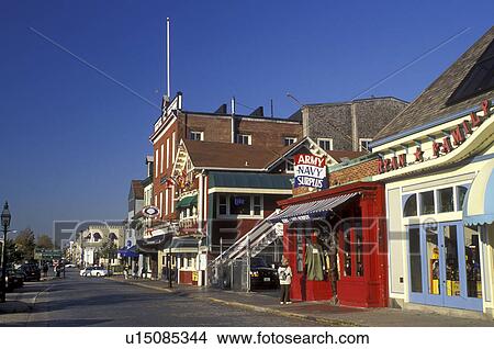 Picture -  Newport, Rhode Island, RI, Shops along Thames Street in downtown Newport in the autumn.. Fotosearch