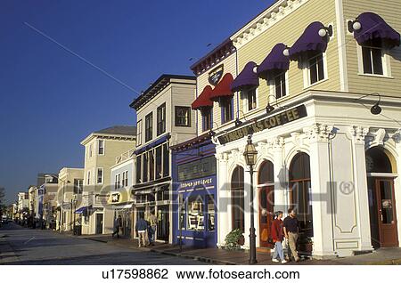 Stock Image -  Newport, Rhode Island, RI, Shops along Thames Street in downtown Newport in the autumn.. Fotosearch