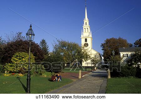 Stock Image -  Newport, Rhode Island, RI, The white Trinity Church in Newport in the autumn.. Fotosearch