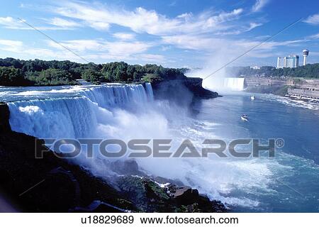 Stock Photo -  Niagara Falls, NY, waterfalls, New York, American Falls with Canadian Falls (Horseshoe Falls) in the background at Niagara Falls. . Fotosearch