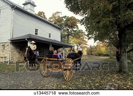Stock Photo -  North Carolina, NC, People in horse carriage and on horseback at the Carriage Barn in Moses H. Cone Memorial Park in the fall., . Fotosearch