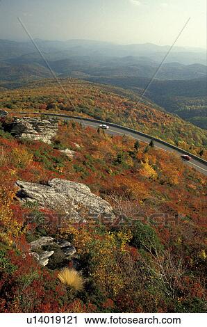 Stock Image -  North Carolina, NC, View of Rough Ridge and the Blue Ridge Parkway from Grandfather Mountain in the fall . Fotosearch