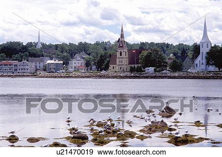 Stock Photo -  Nova Scotia, NS, Canada, Scenic seacoast village of Mahone Bay on the Atlantic Ocean.. Fotosearch